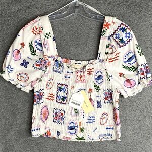 Monteau LA Smocked Crop Top Size XL White Short Sleeve Beach Casual Boho Cottage